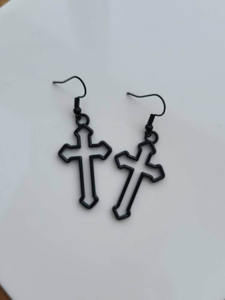 Hollow Large Gothic Black Tone Cross Earrings