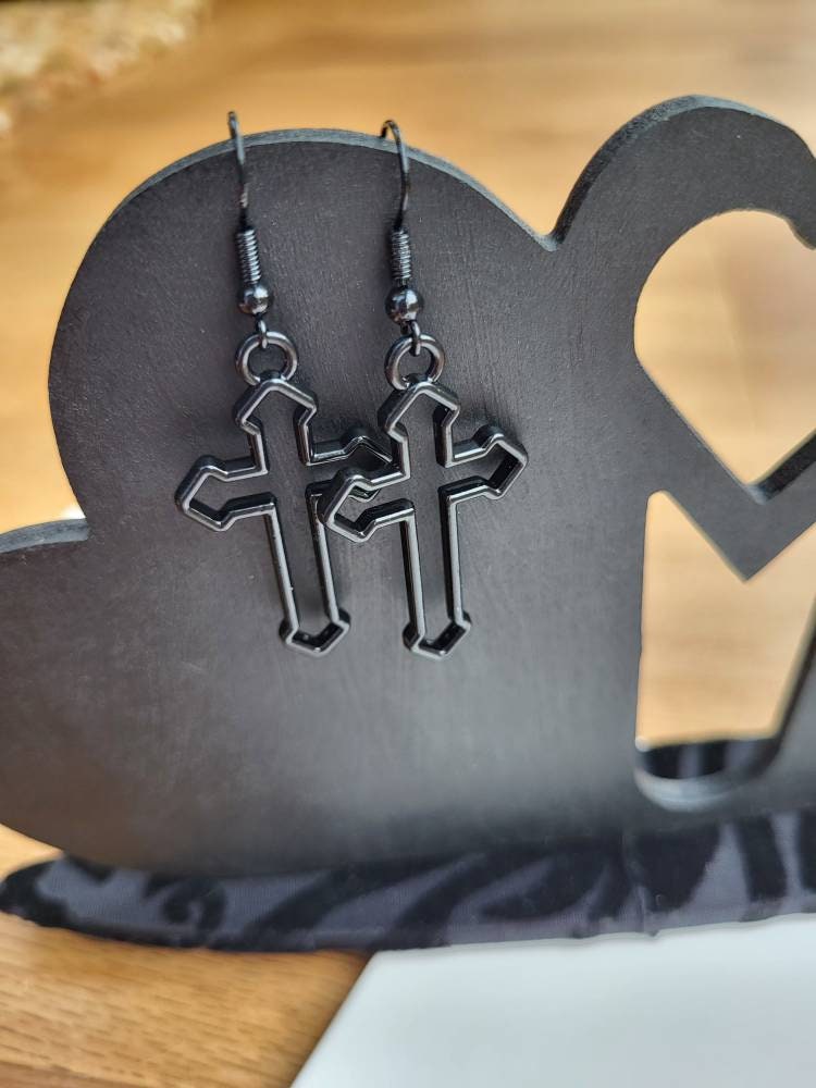 Hollow Large Gothic Black Tone Cross Earrings