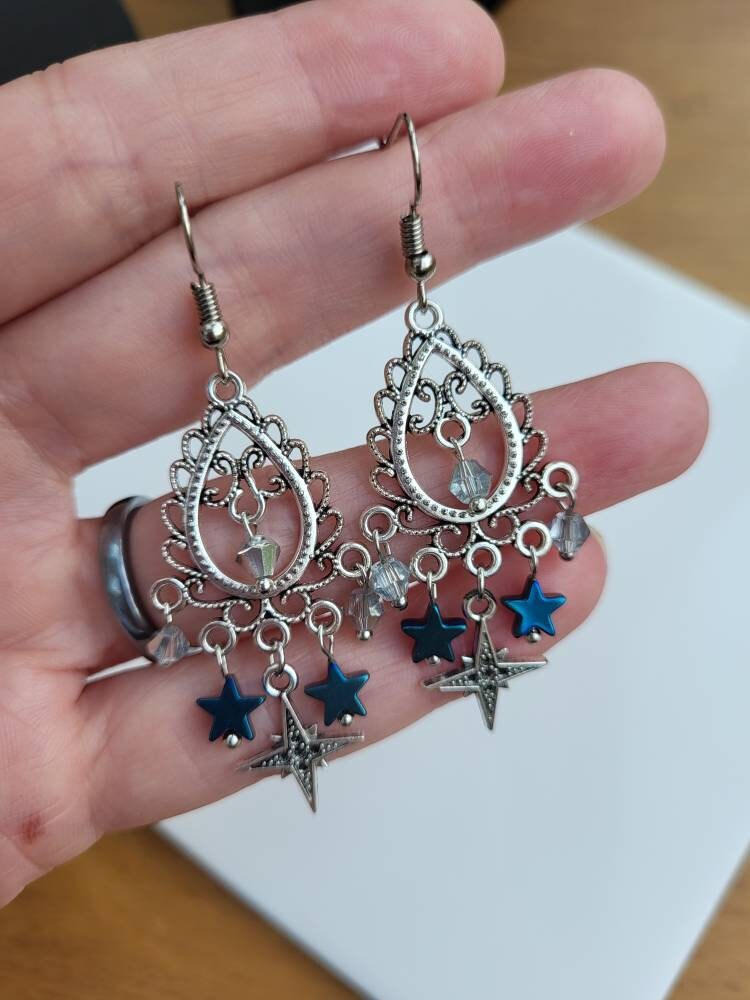 Silver and Blue Star Filigree Dangle Earrings (Ear Hook, Stud and Clip On)