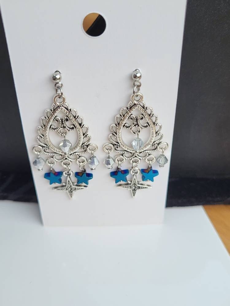 Silver and Blue Star Filigree Dangle Earrings (Ear Hook, Stud and Clip On)