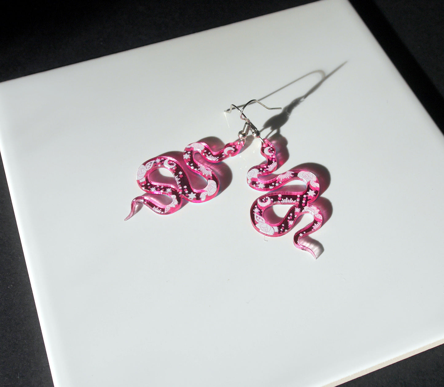 Pink Serpent Snake Shaped Earrings (Ear Hook, Stud or Clip On)