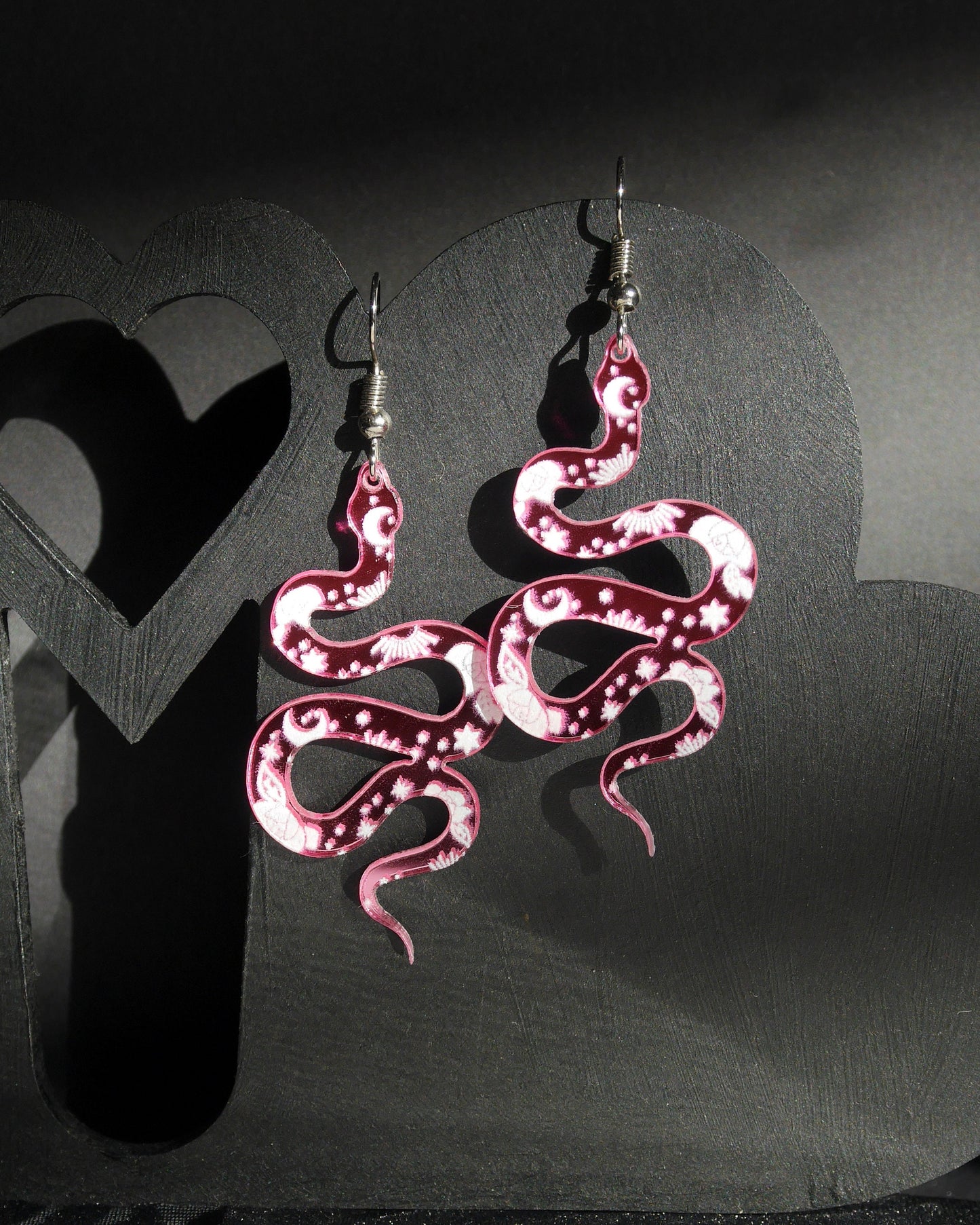 Pink Serpent Snake Shaped Earrings (Ear Hook, Stud or Clip On)