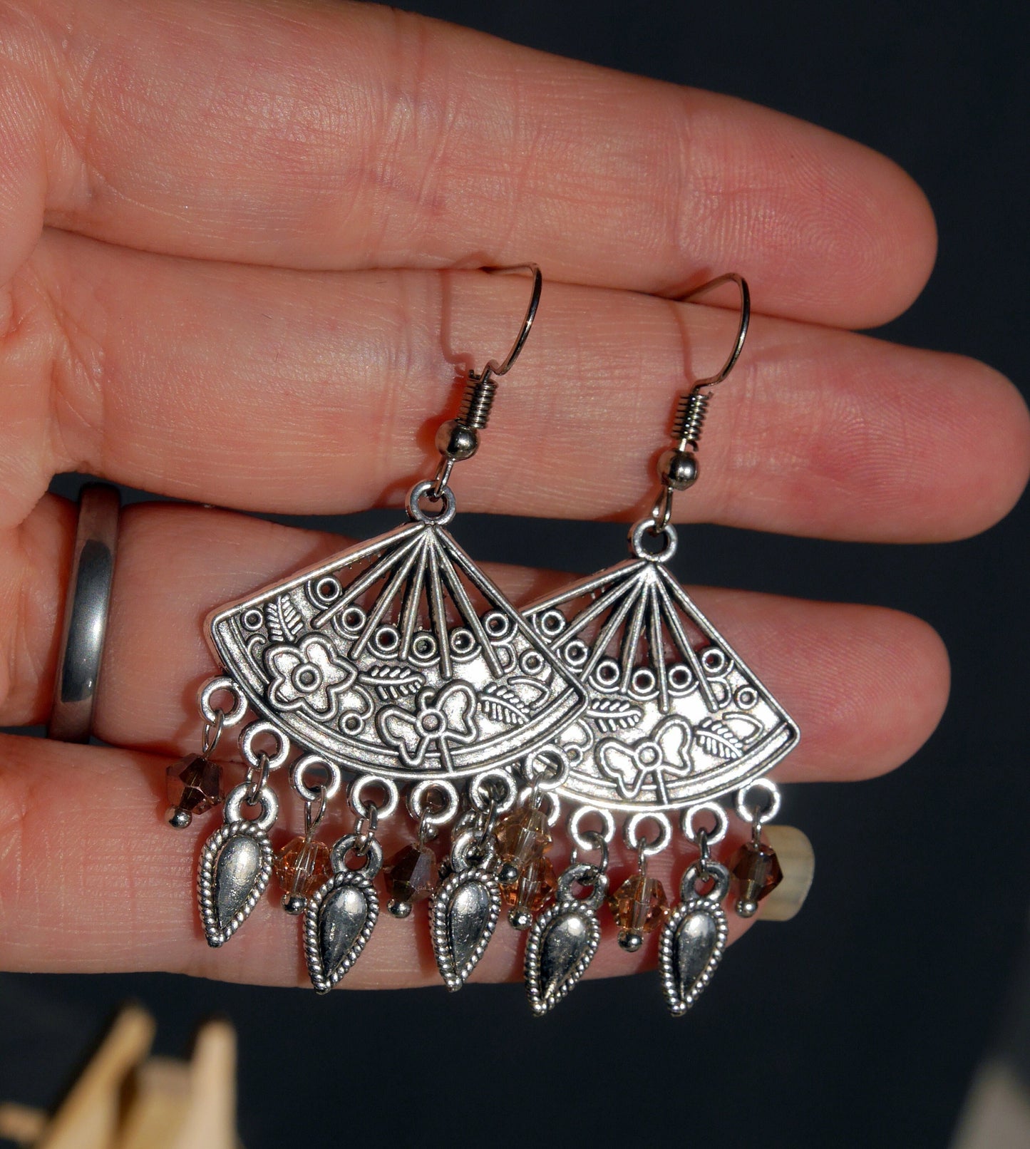 Silver and Rose Colour Filigree Earrings (Ear Hook, Stud and Clip On)