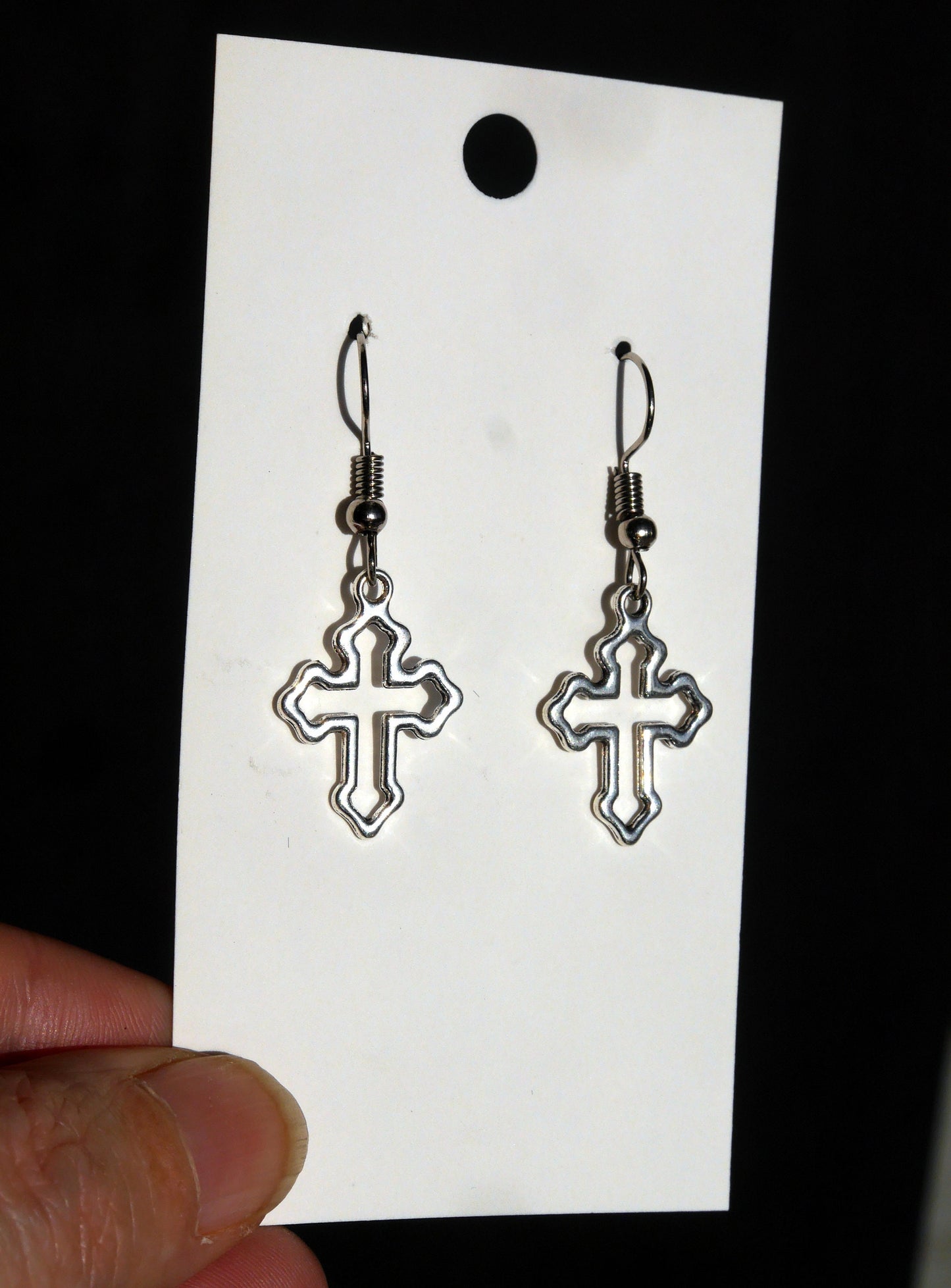 Small Silver Tone Holy Cross Shaped Earrings (Ear Hook, Stud or Clip On)
