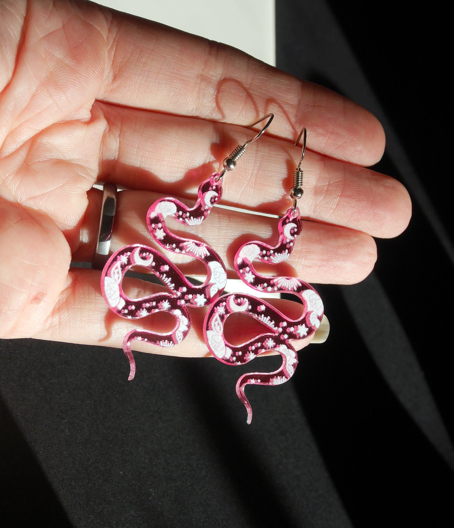 Pink Serpent Snake Shaped Earrings (Ear Hook, Stud or Clip On)