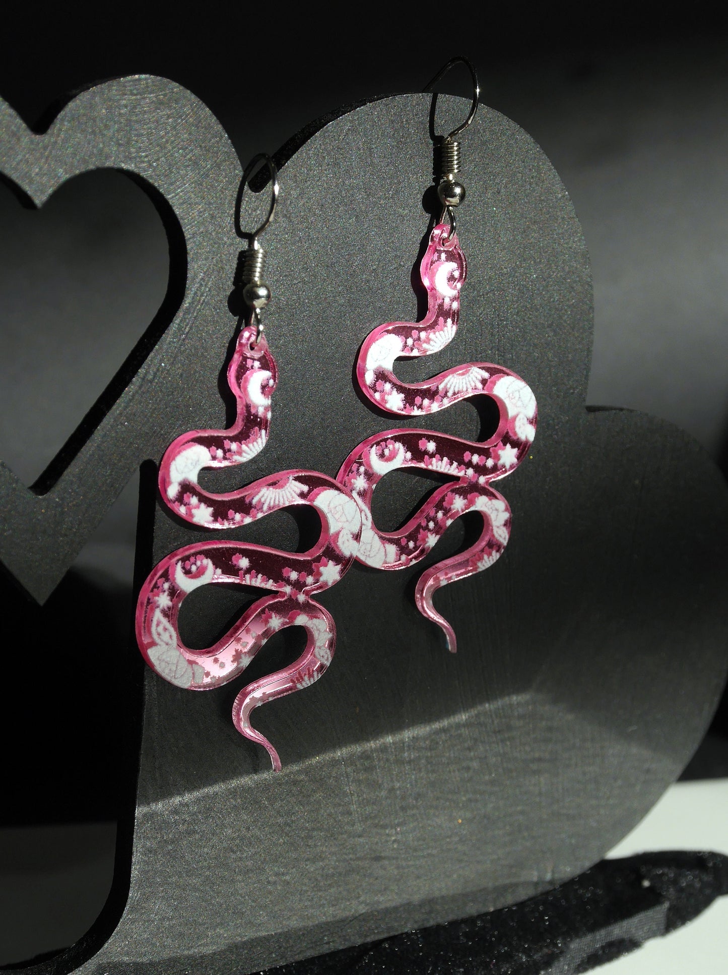 Pink Serpent Snake Shaped Earrings (Ear Hook, Stud or Clip On)