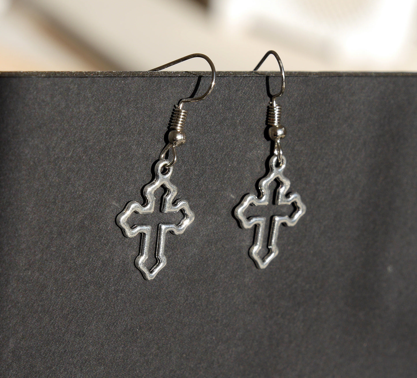 Small Silver Tone Holy Cross Shaped Earrings (Ear Hook, Stud or Clip On)