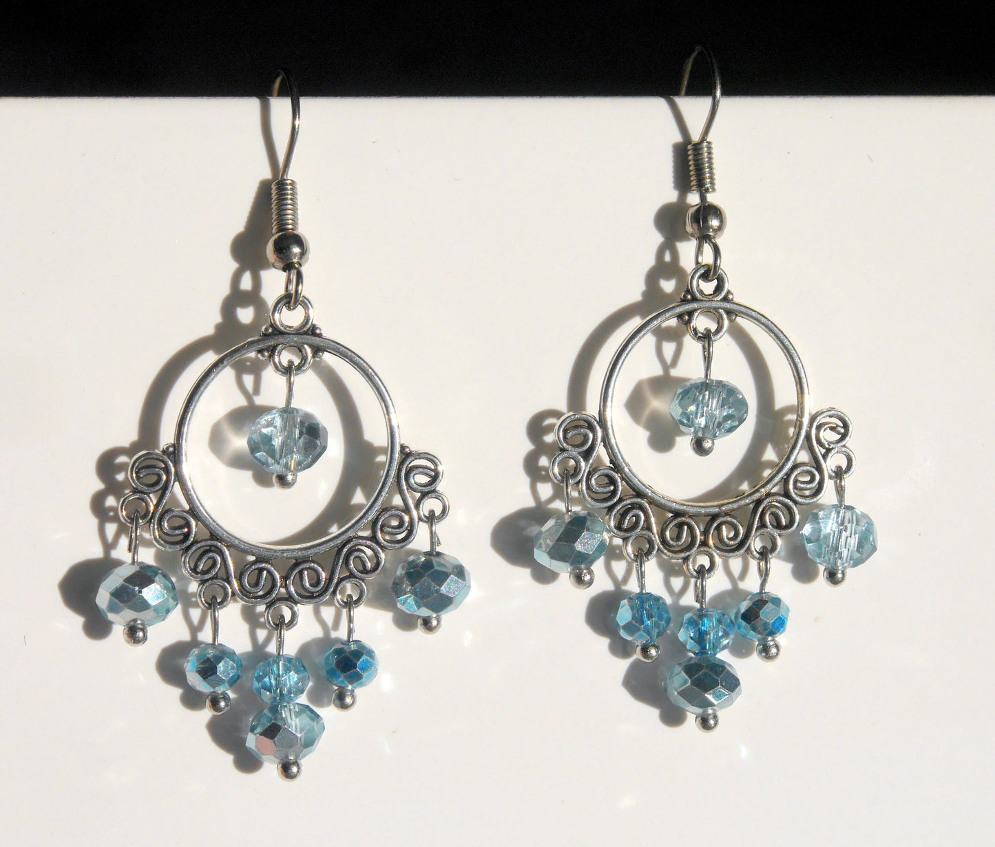 Silver and Blue Sparkling Dangling Filigree Earrings (Ear Hook, Stud and Clip On)