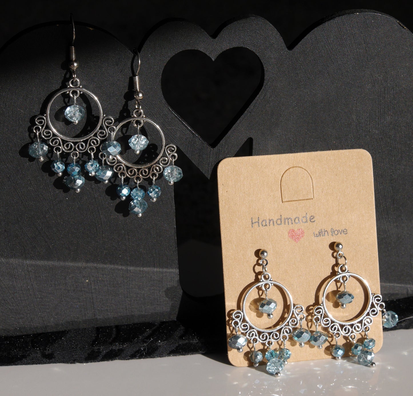 Silver and Blue Sparkling Dangling Filigree Earrings (Ear Hook, Stud and Clip On)