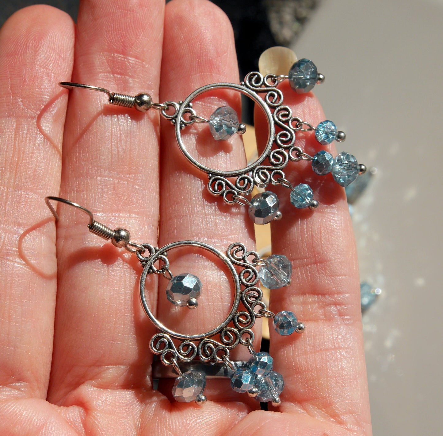 Silver and Blue Sparkling Dangling Filigree Earrings (Ear Hook, Stud and Clip On)