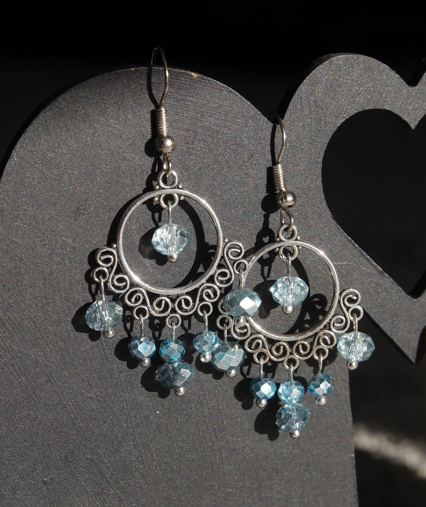 Silver and Blue Sparkling Dangling Filigree Earrings (Ear Hook, Stud and Clip On)