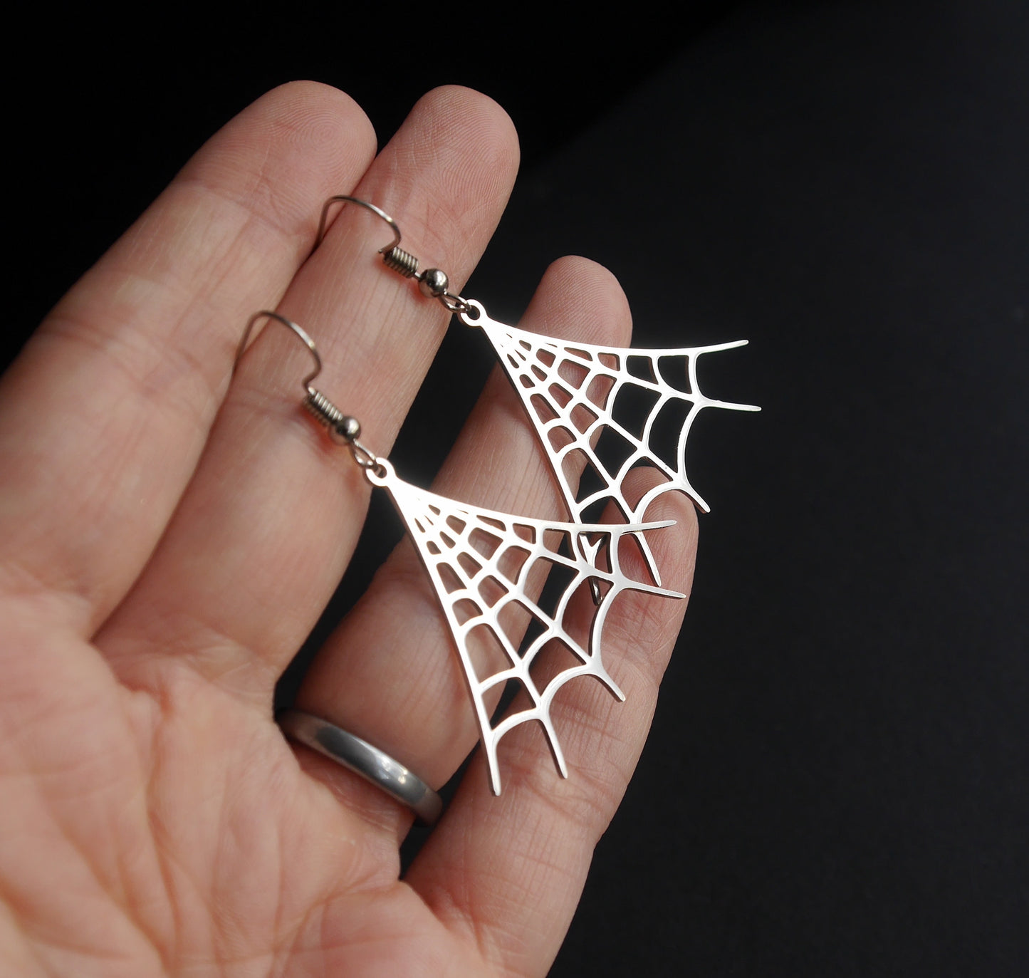 Silver Tone Spider Web Shaped Earrings (Ear Hook, Stud and Clip On)