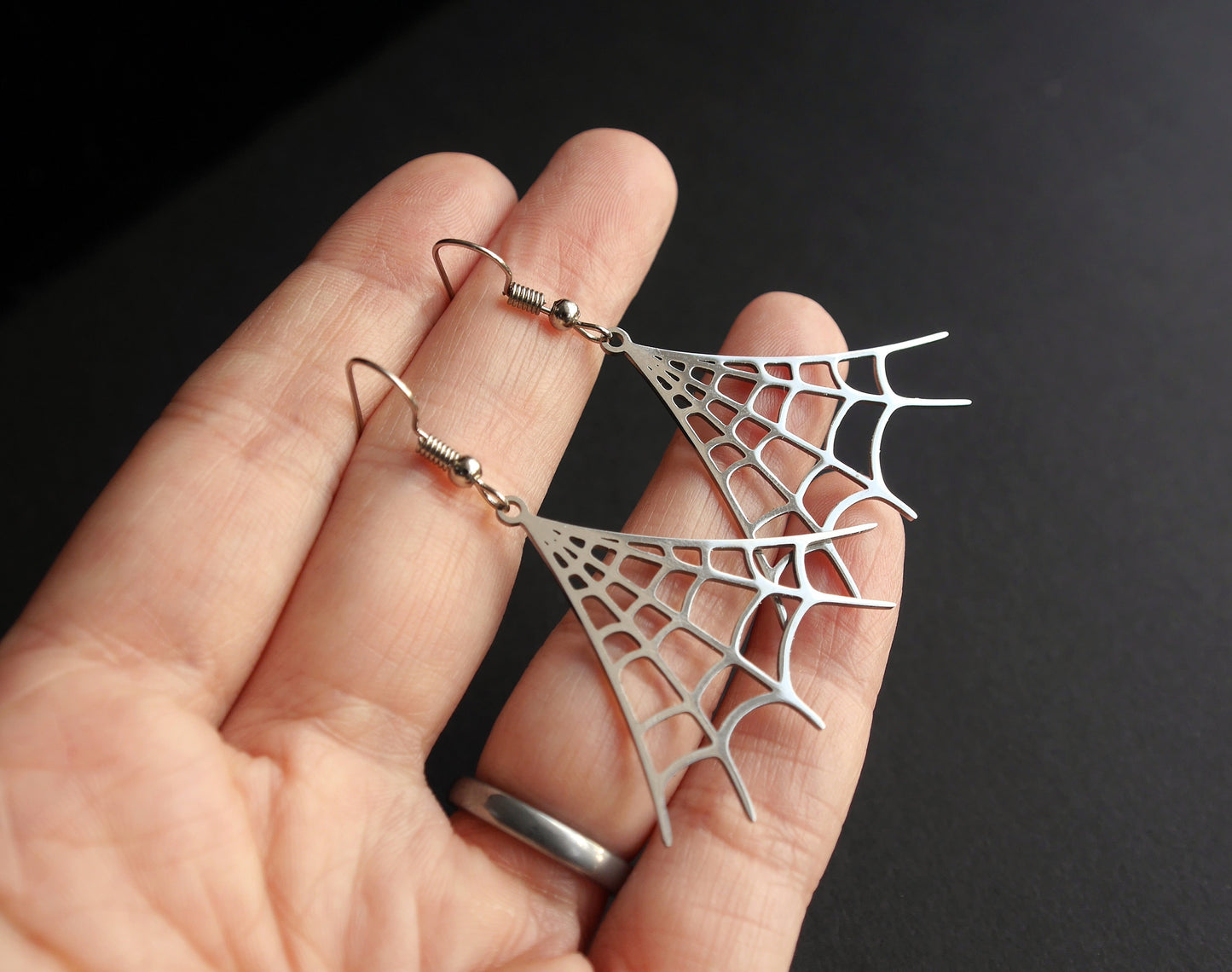 Silver Tone Spider Web Shaped Earrings (Ear Hook, Stud and Clip On)