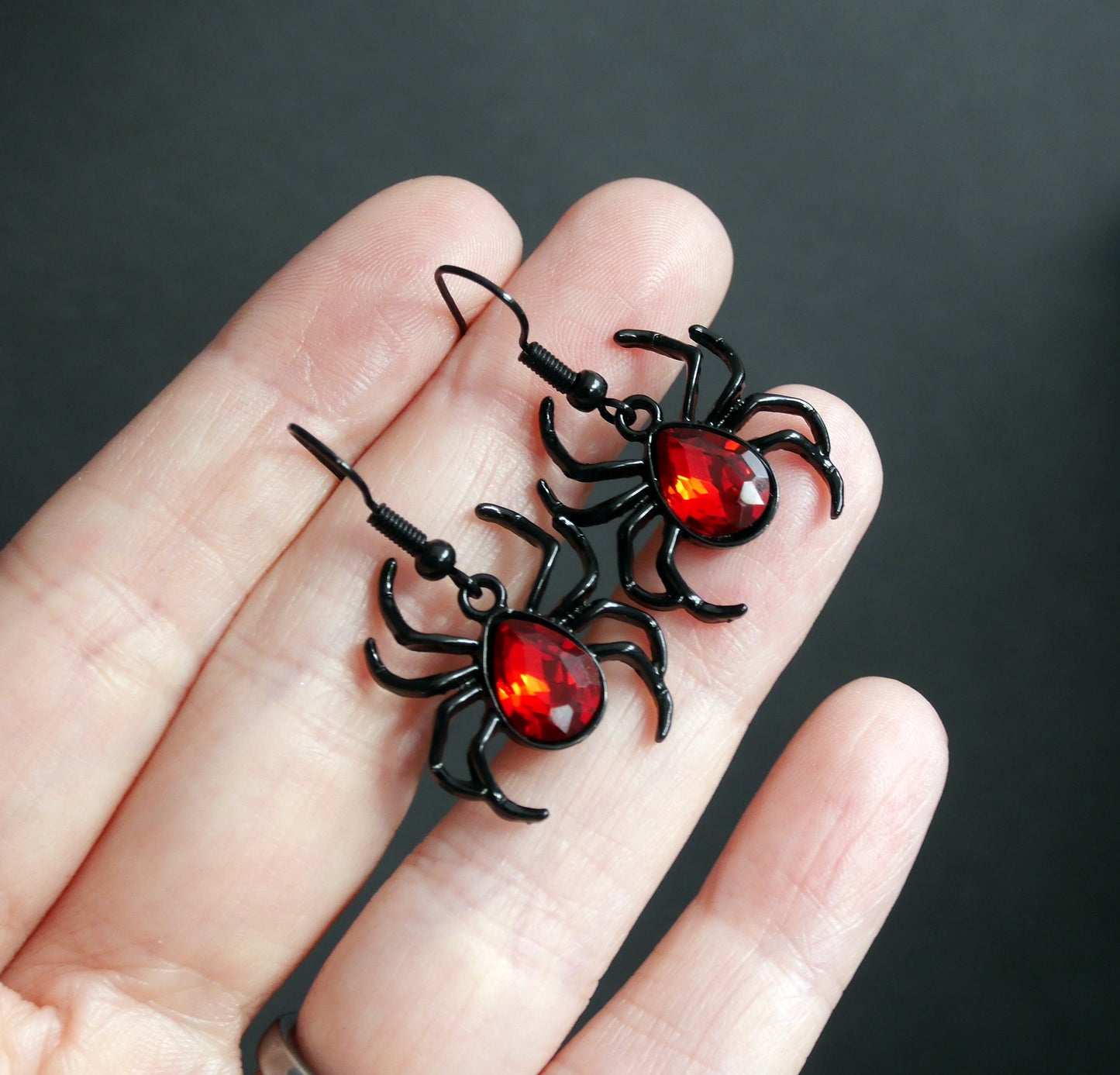 Gothic Black Spider Shaped Earrings with Red Gem Feature