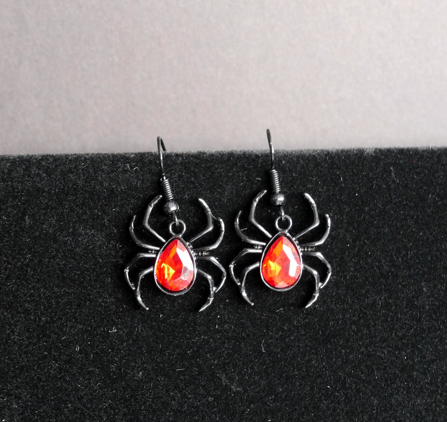 Gothic Black Spider Shaped Earrings with Red Gem Feature