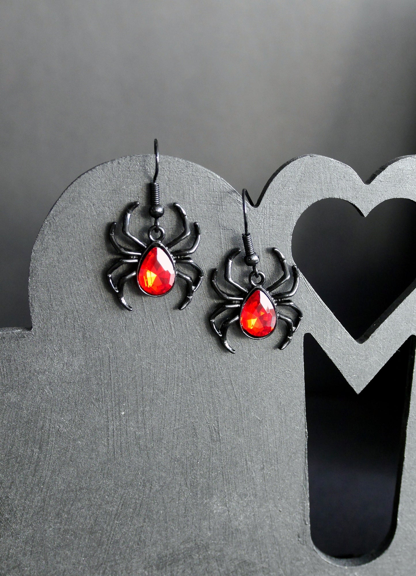 Gothic Black Spider Shaped Earrings with Red Gem Feature