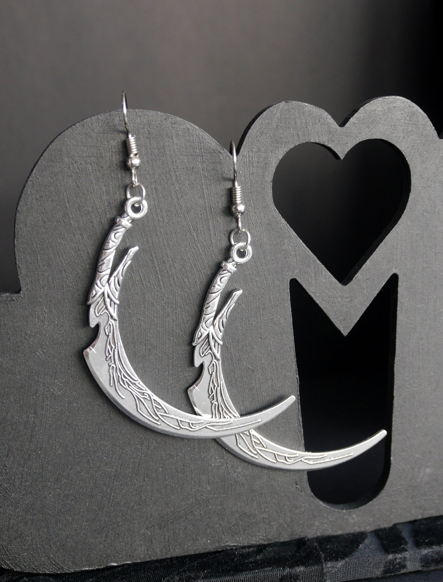 Large Fantasy Scythe Silver Tone Earrings (Ear Hook, Stud or Clip On)