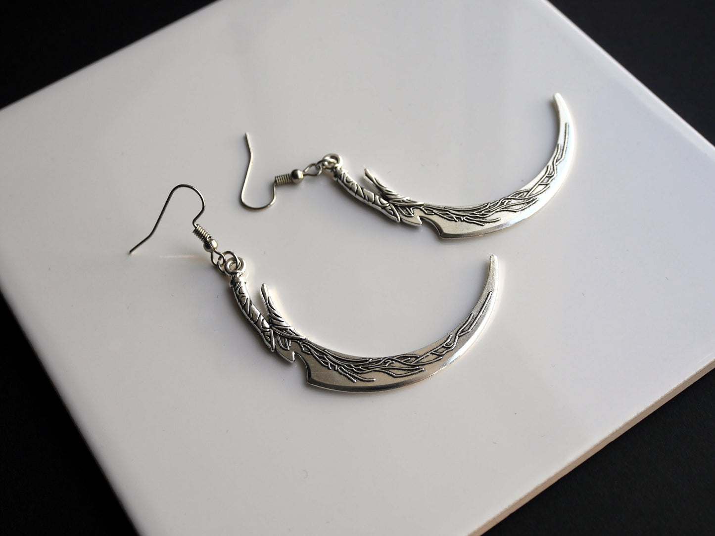 Large Fantasy Scythe Silver Tone Earrings (Ear Hook, Stud or Clip On)