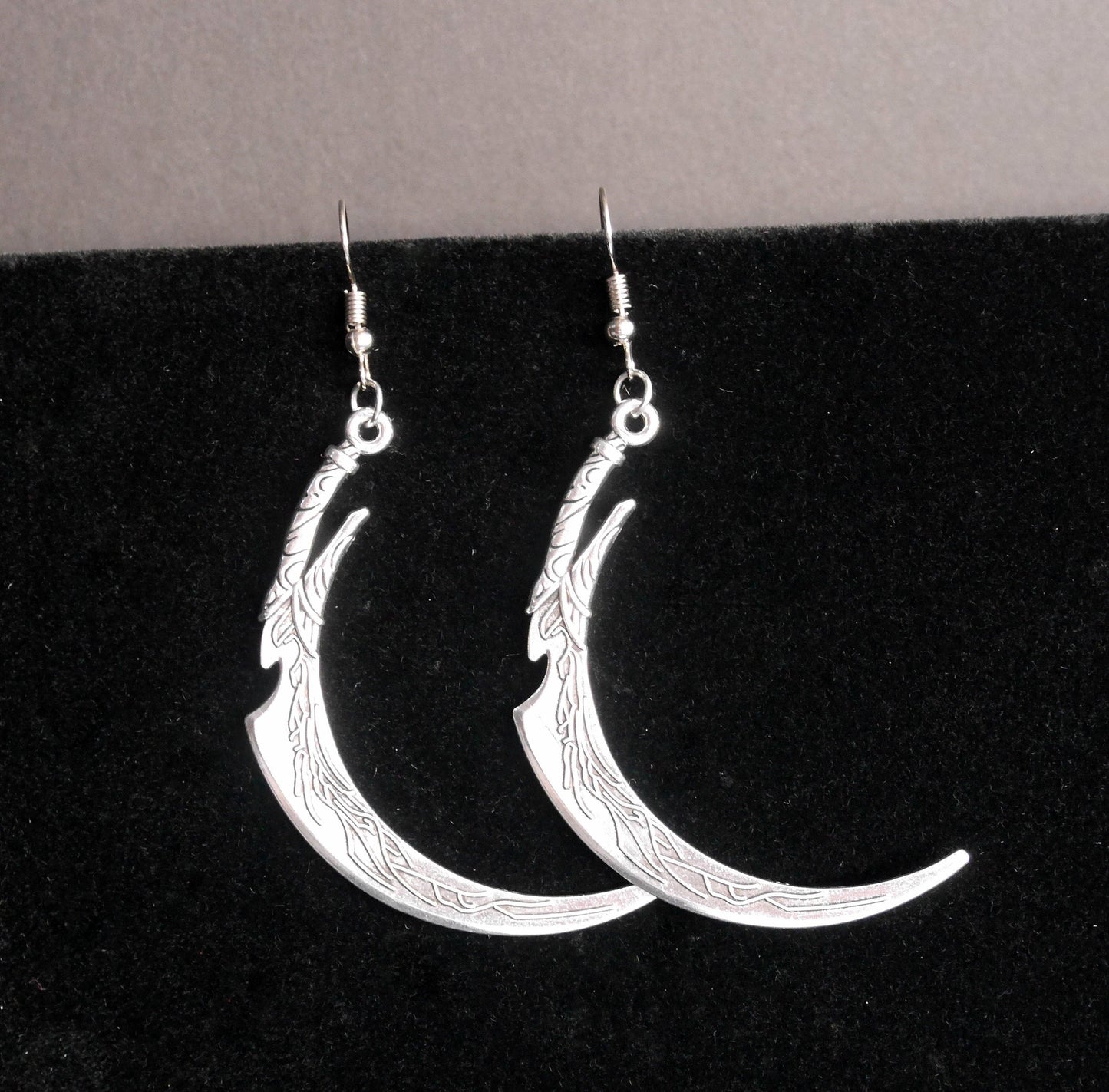 Large Fantasy Scythe Silver Tone Earrings (Ear Hook, Stud or Clip On)