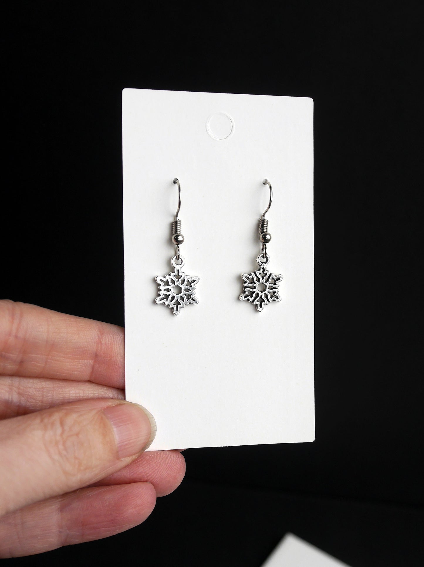 Silver Tone Small Snowflake Christmas Dangle Earrings (Ear Hook, Stud and Clip On)