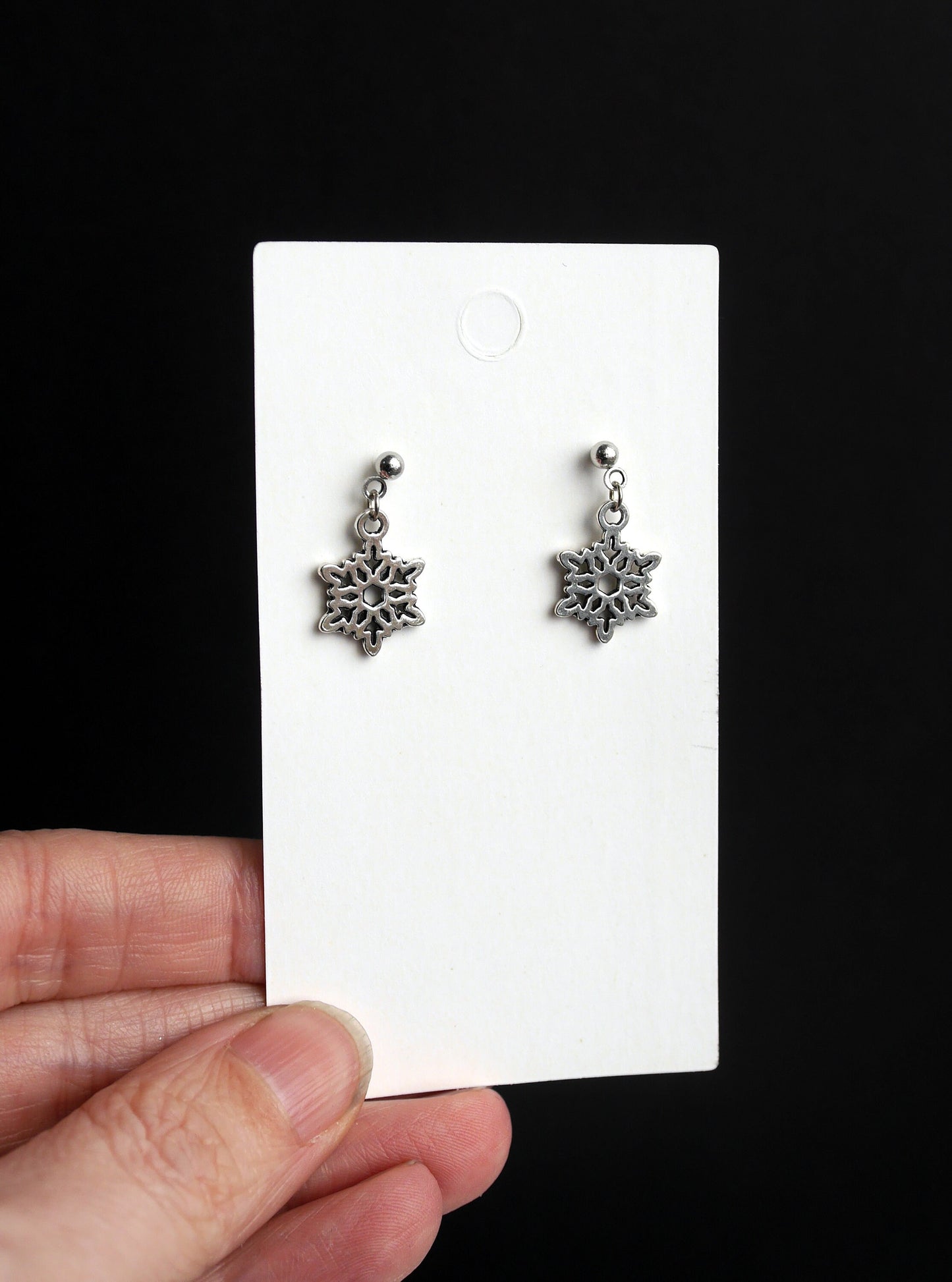 Silver Tone Small Snowflake Christmas Dangle Earrings (Ear Hook, Stud and Clip On)