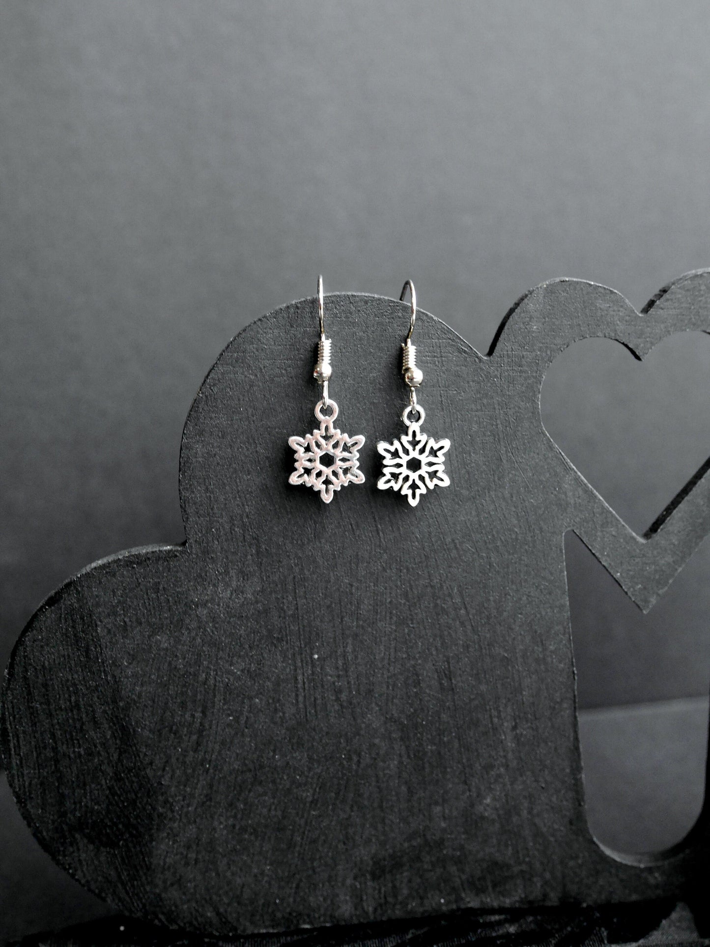 Silver Tone Small Snowflake Christmas Dangle Earrings (Ear Hook, Stud and Clip On)
