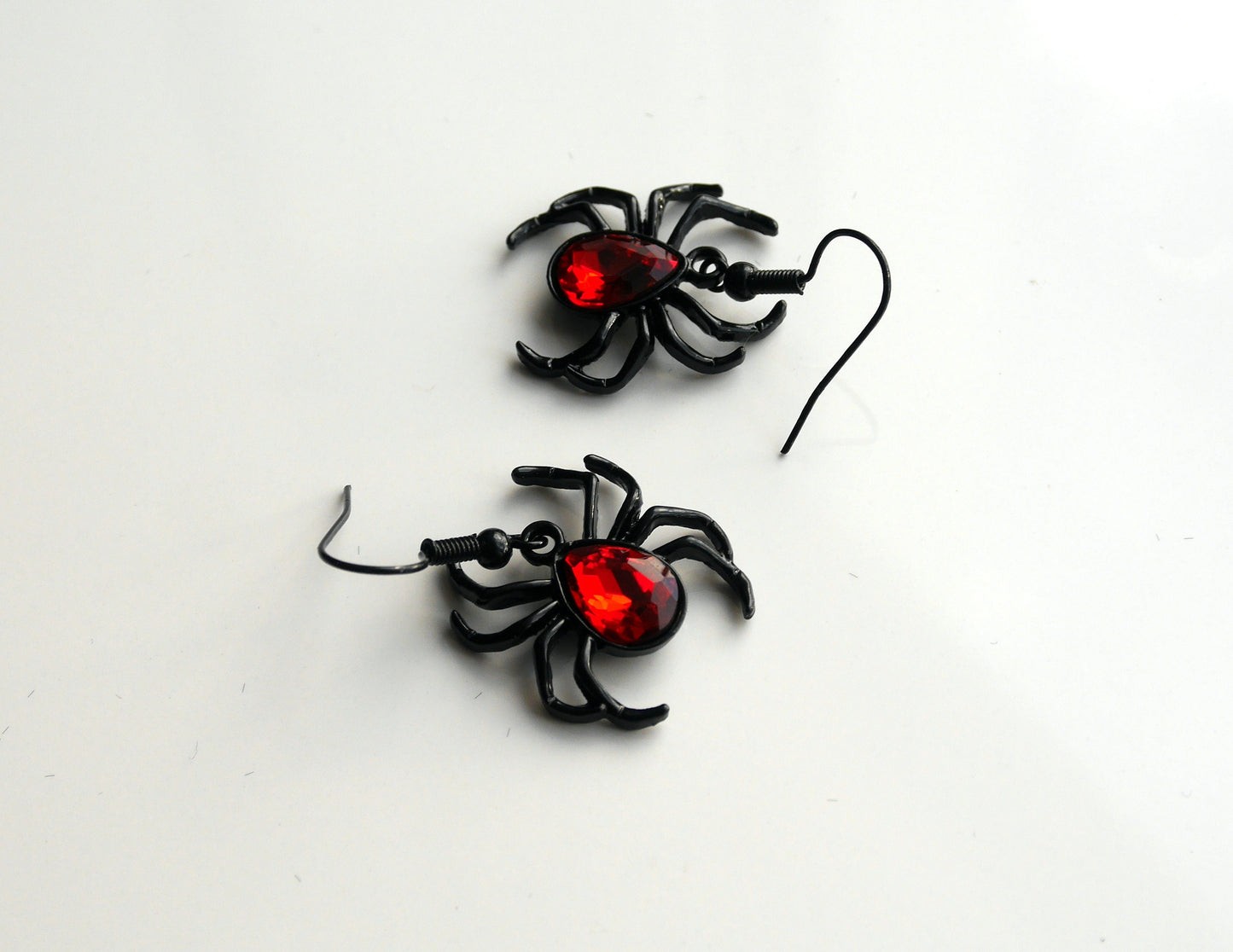 Gothic Black Spider Shaped Earrings with Red Gem Feature