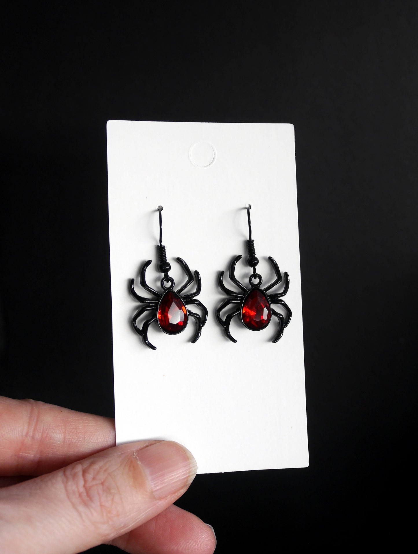 Gothic Black Spider Shaped Earrings with Red Gem Feature