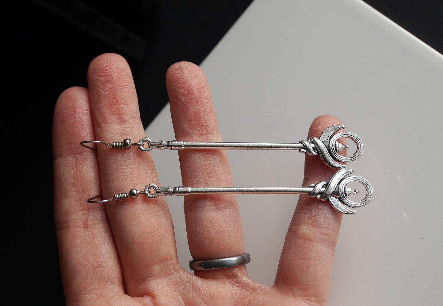 Silver Toned Two Handed Staff Style Weapon Earrings (Ear Hook, Stud and Clip On)
