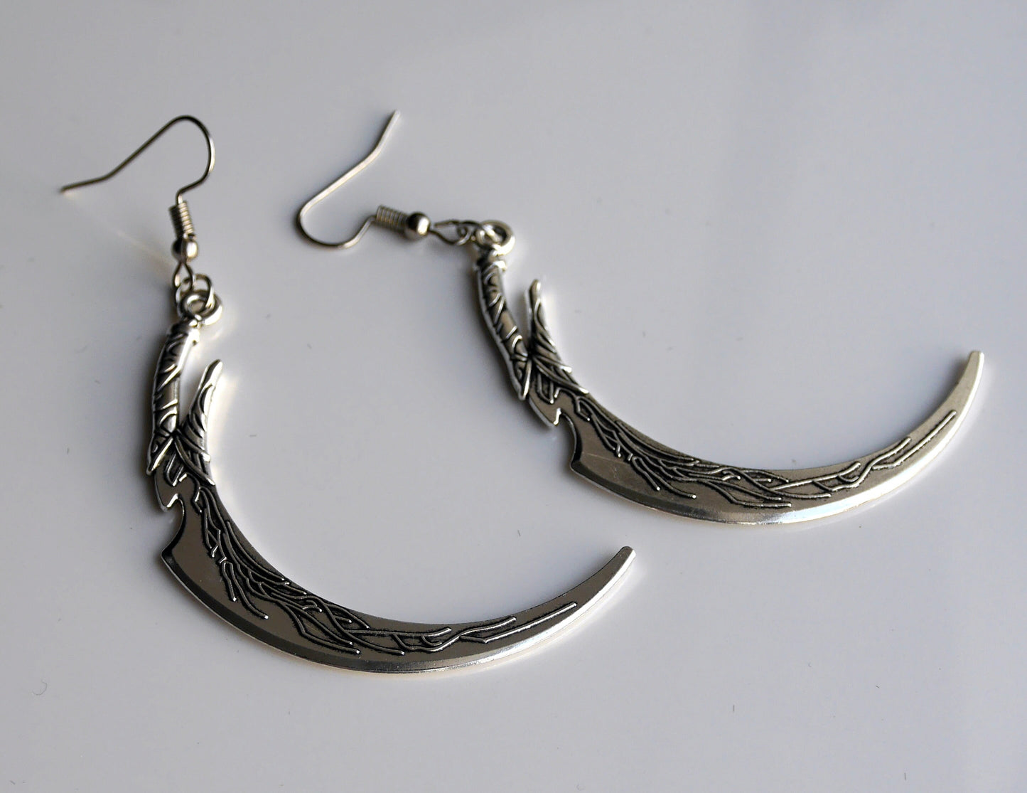 Large Fantasy Scythe Silver Tone Earrings (Ear Hook, Stud or Clip On)