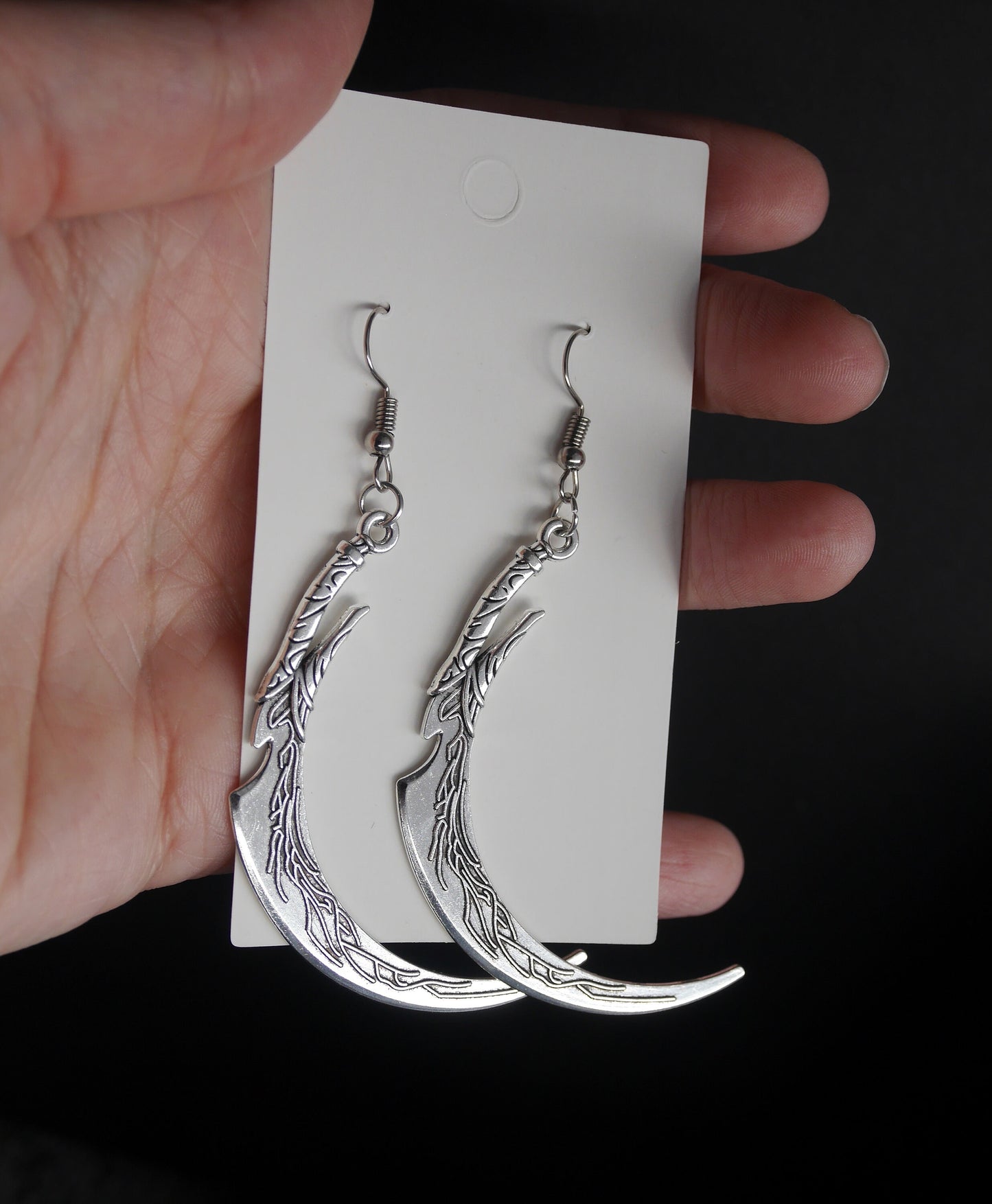 Large Fantasy Scythe Silver Tone Earrings (Ear Hook, Stud or Clip On)