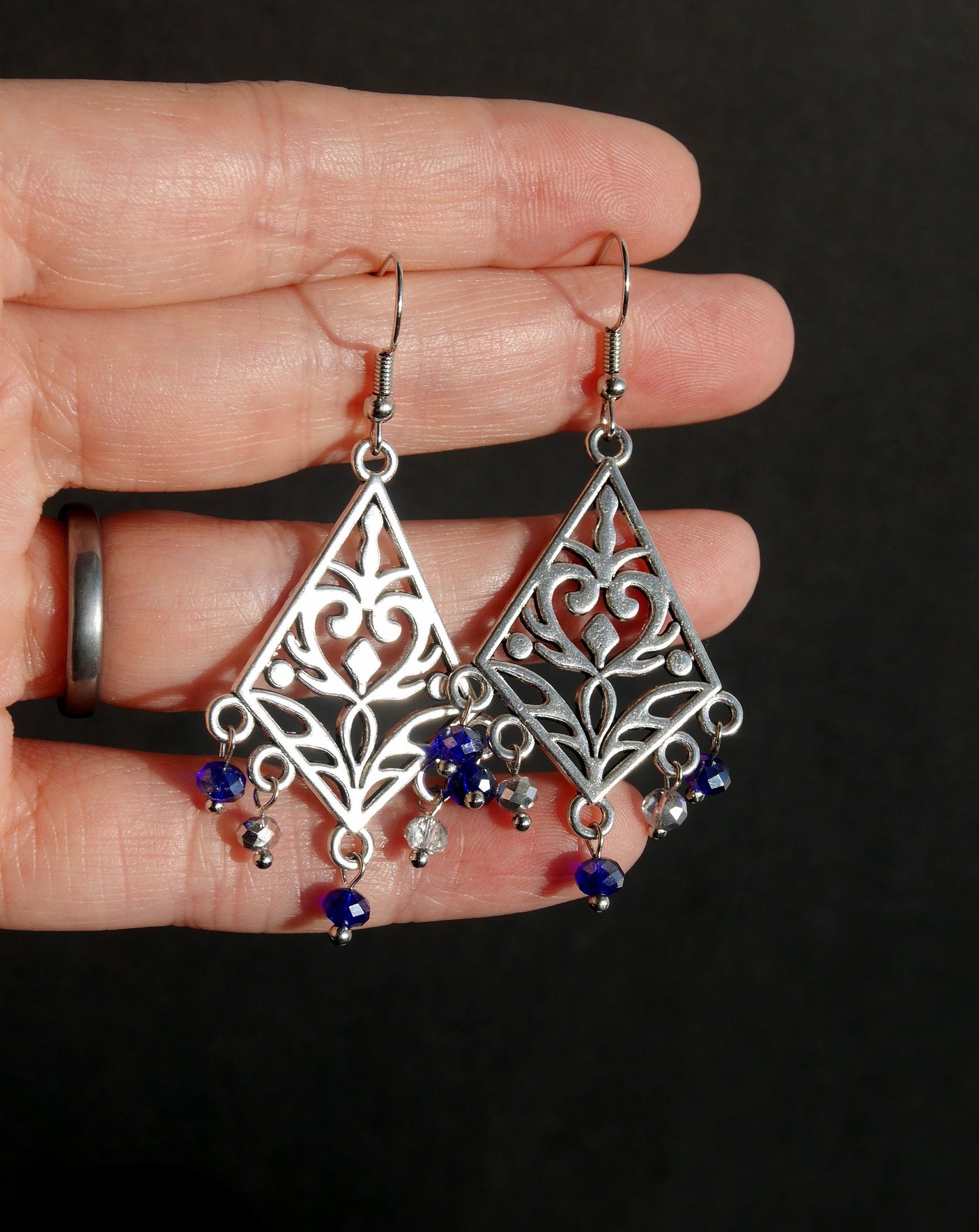 Silver and Navy Blue Filigree Earrings (Ear Hook, Stud and Clip On)