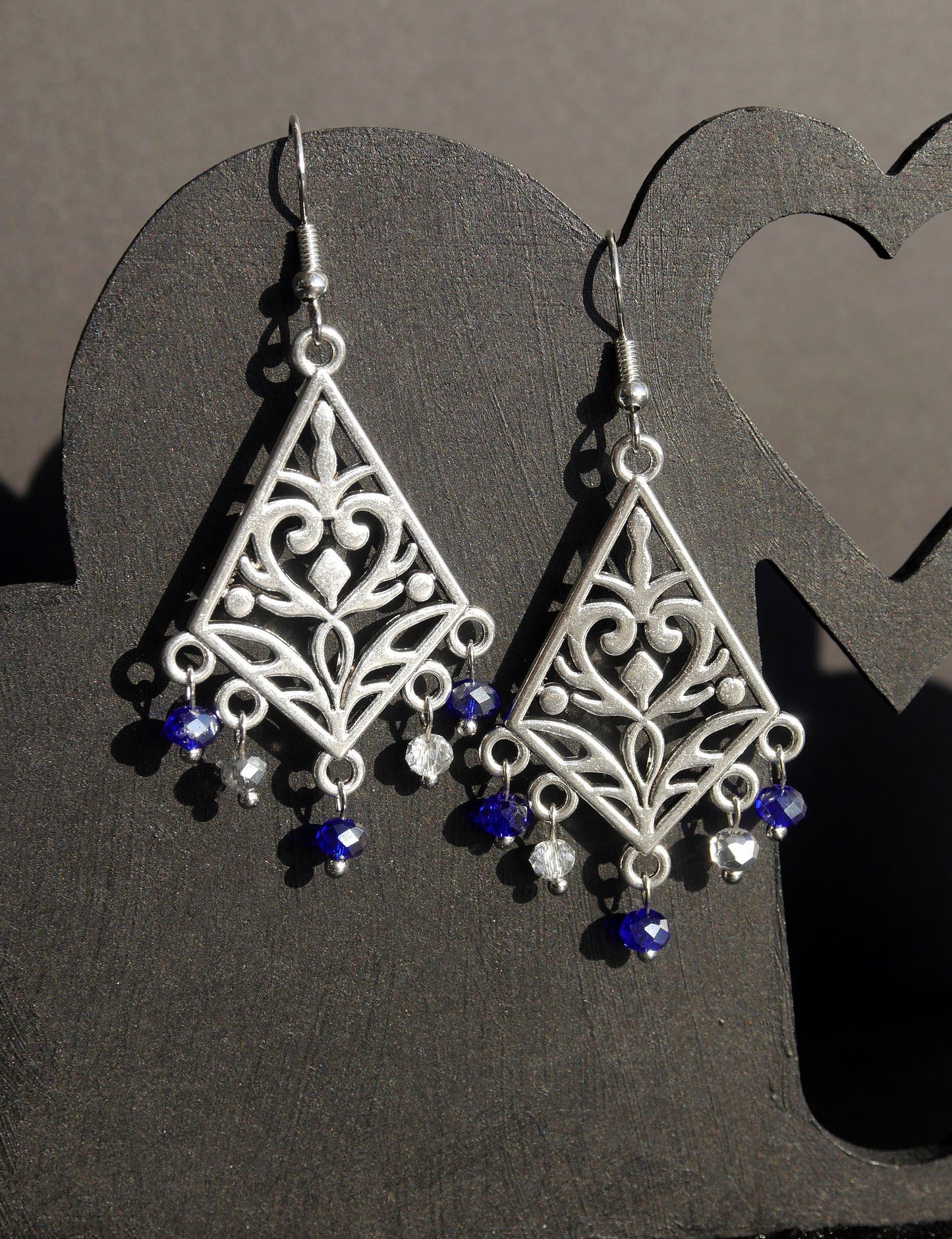Silver and Navy Blue Filigree Earrings (Ear Hook, Stud and Clip On)