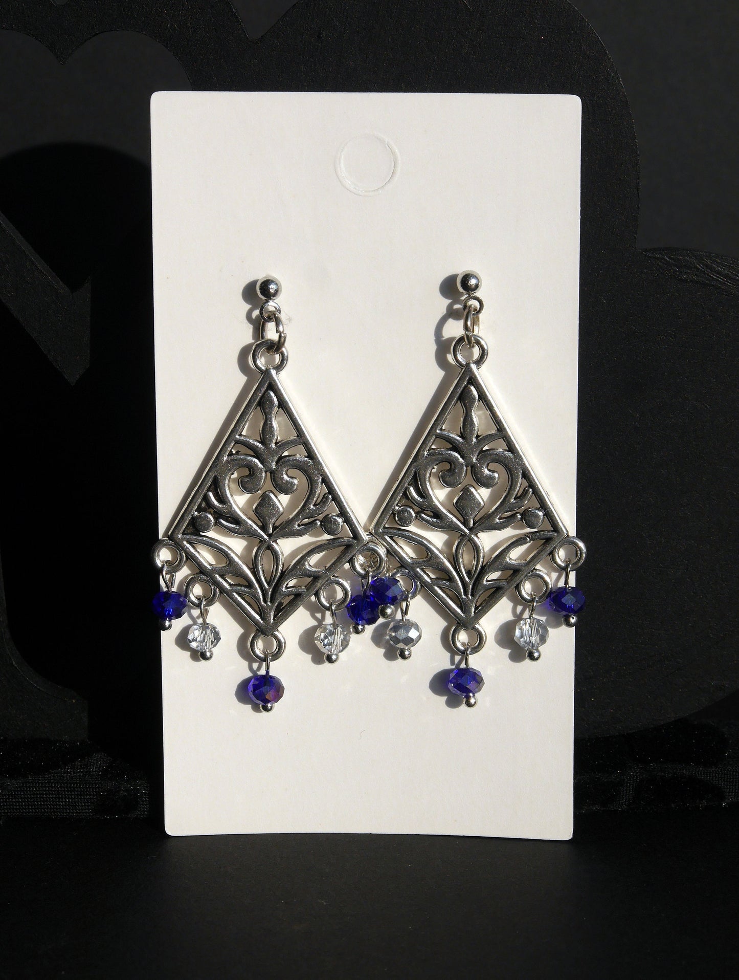 Silver and Navy Blue Filigree Earrings (Ear Hook, Stud and Clip On)