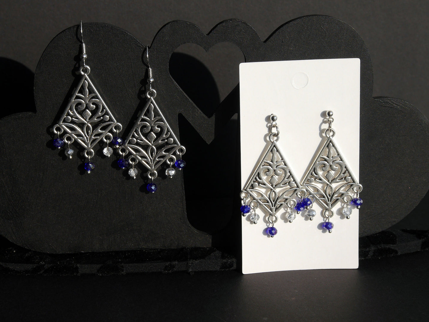 Silver and Navy Blue Filigree Earrings (Ear Hook, Stud and Clip On)