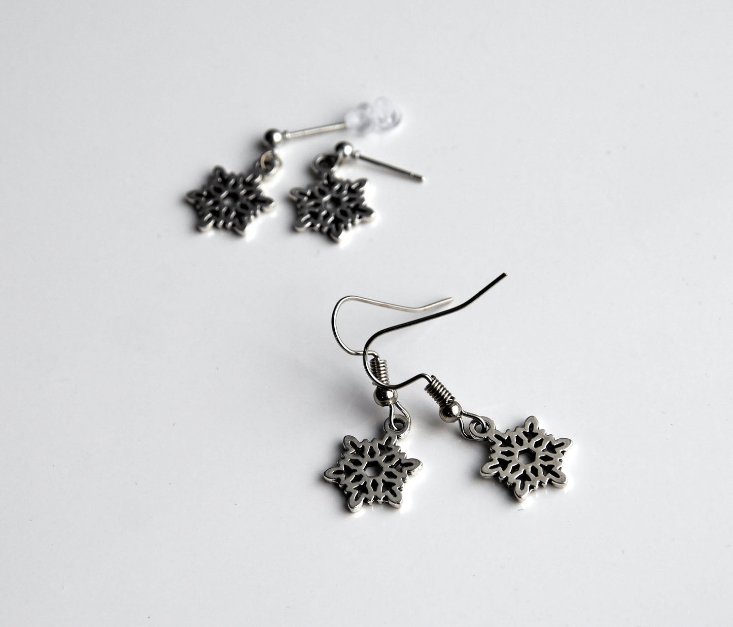 Silver Tone Small Snowflake Christmas Dangle Earrings (Ear Hook, Stud and Clip On)
