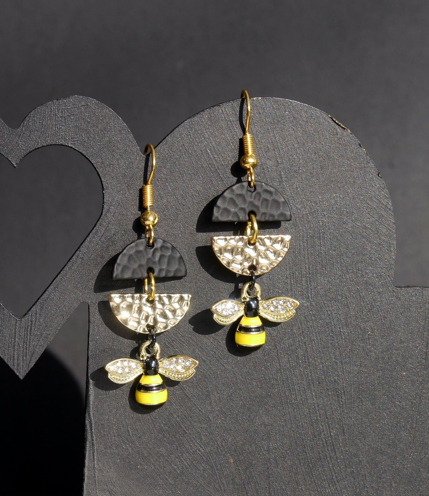 Black and Gold Tone Diamante Honeybee Shaped Earrings