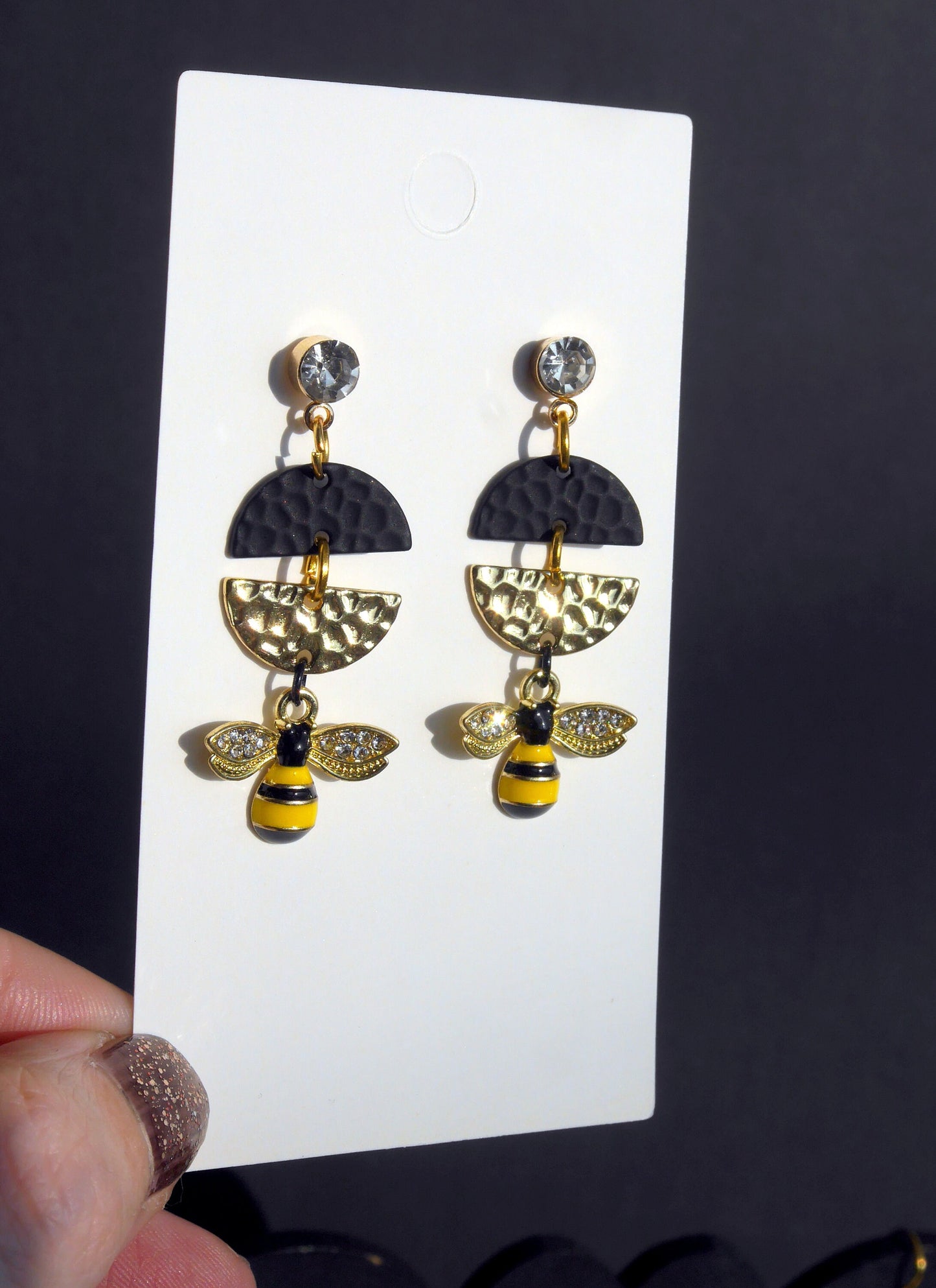 Black and Gold Tone Diamante Honeybee Shaped Earrings
