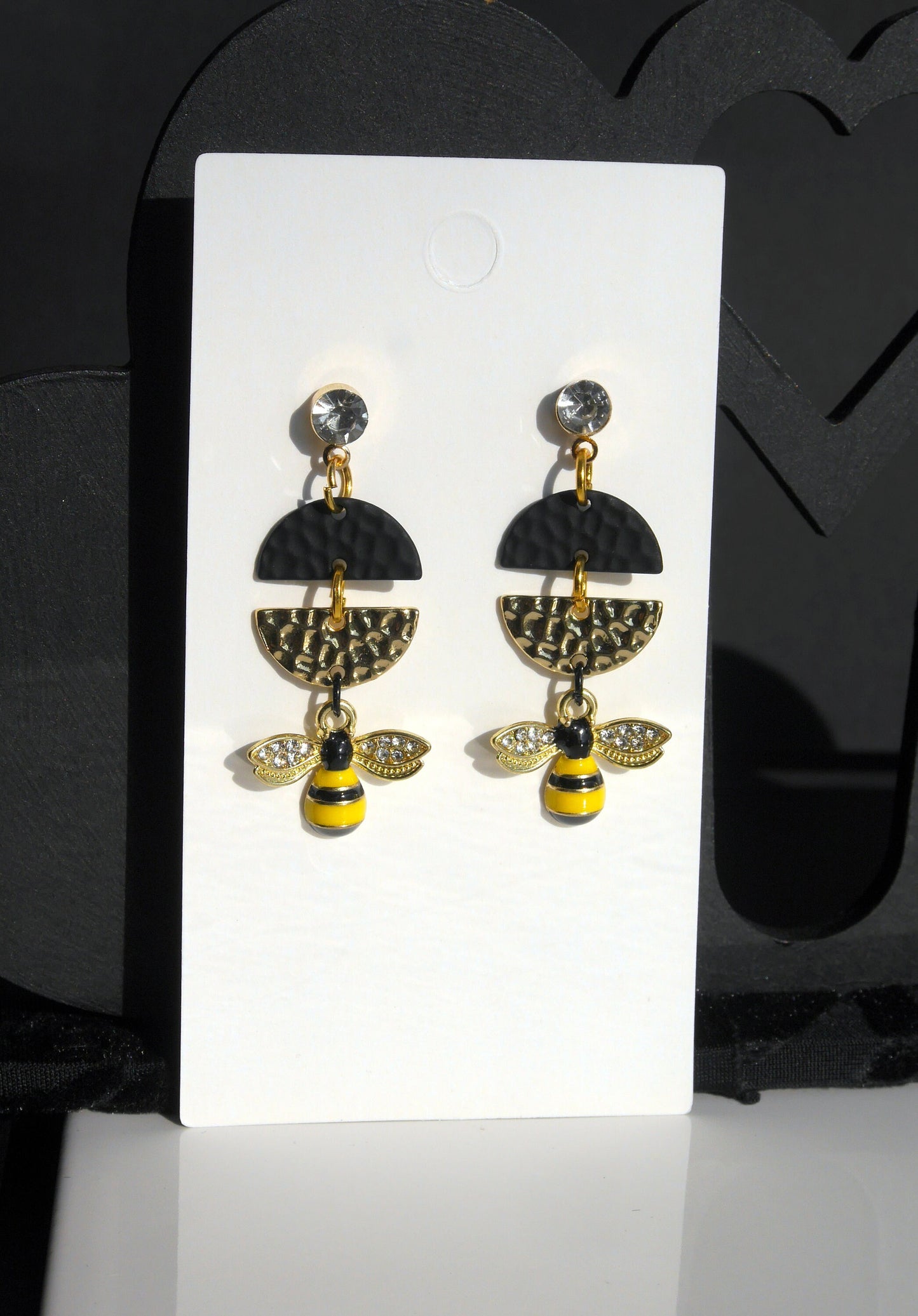 Black and Gold Tone Diamante Honeybee Shaped Earrings