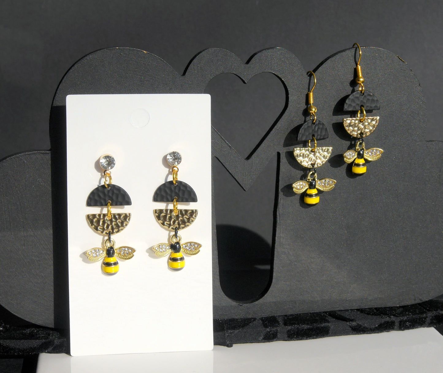 Black and Gold Tone Diamante Honeybee Shaped Earrings