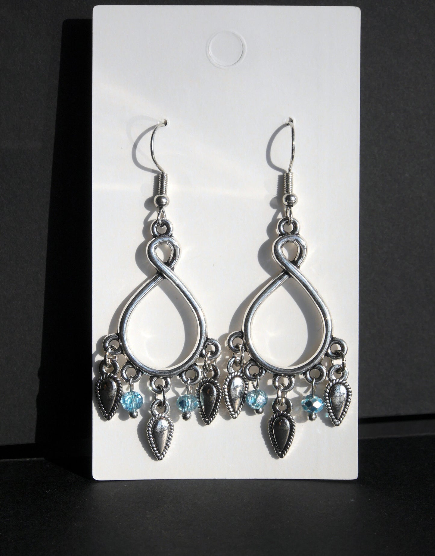Silver and Blue Statement Dangle Filigree Earrings (Ear Hook, Stud and Clip On)