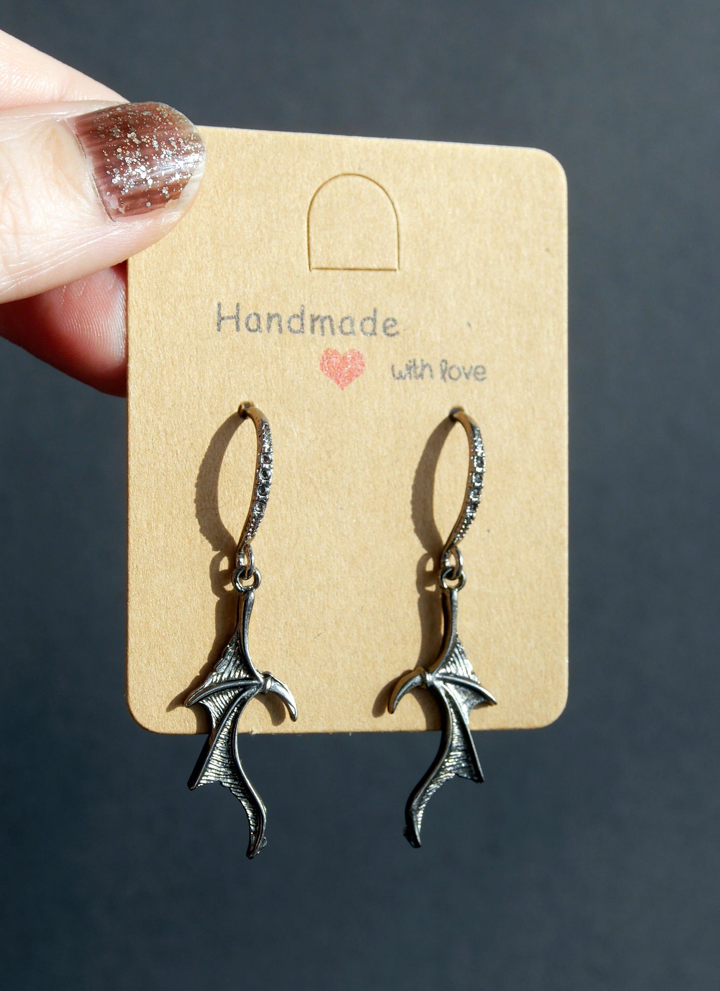Gun Metal Bat Wing Shaped Dangling Earrings (French Hooks, Studs or Clip On)