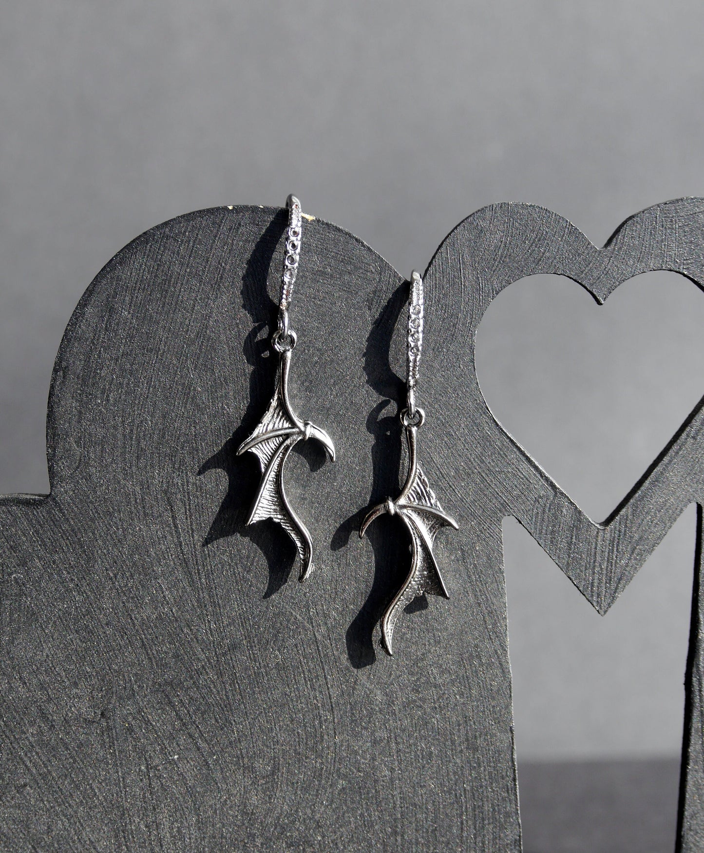 Gun Metal Bat Wing Shaped Dangling Earrings (French Hooks, Studs or Clip On)