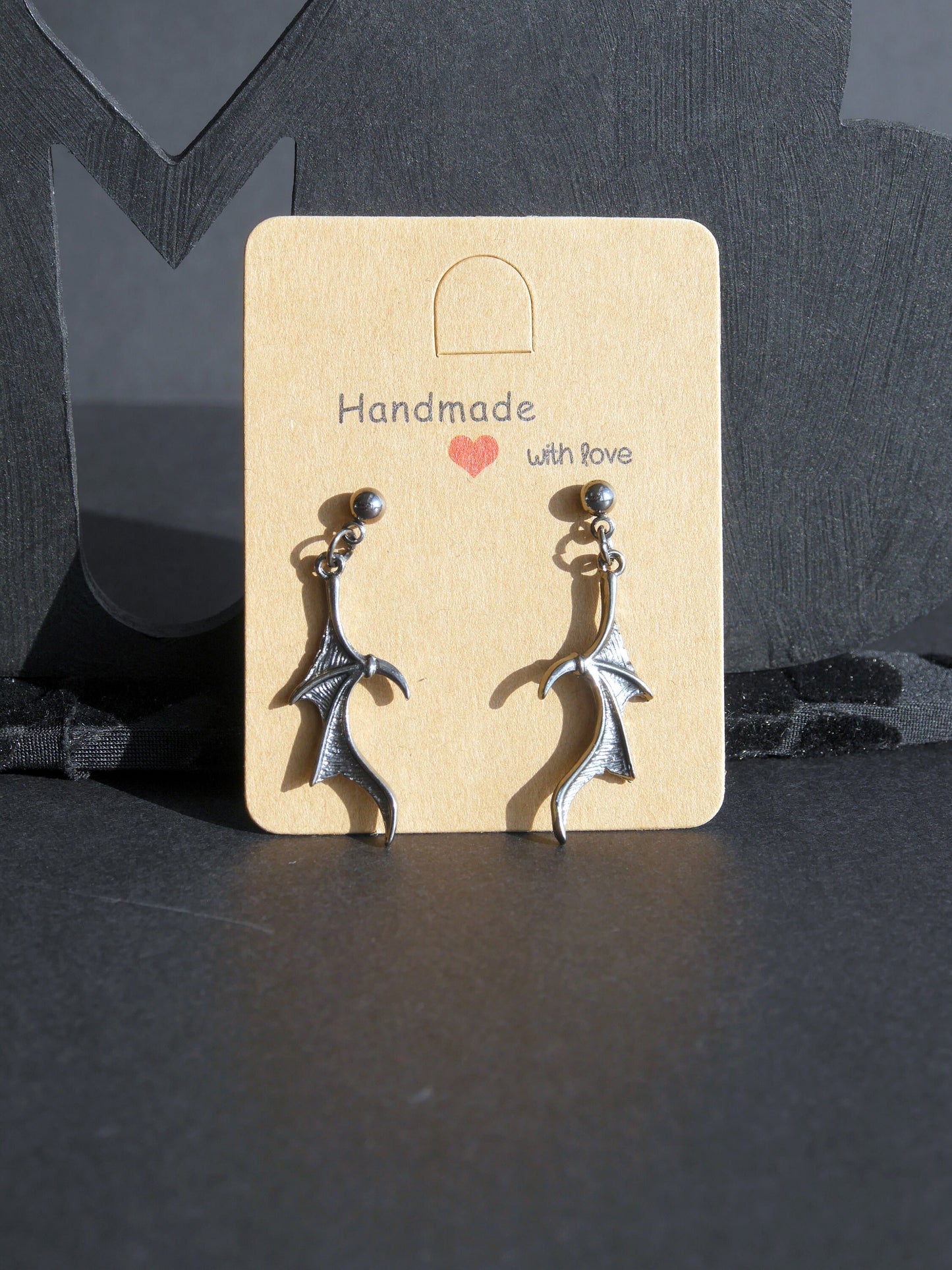 Gun Metal Bat Wing Shaped Dangling Earrings (French Hooks, Studs or Clip On)
