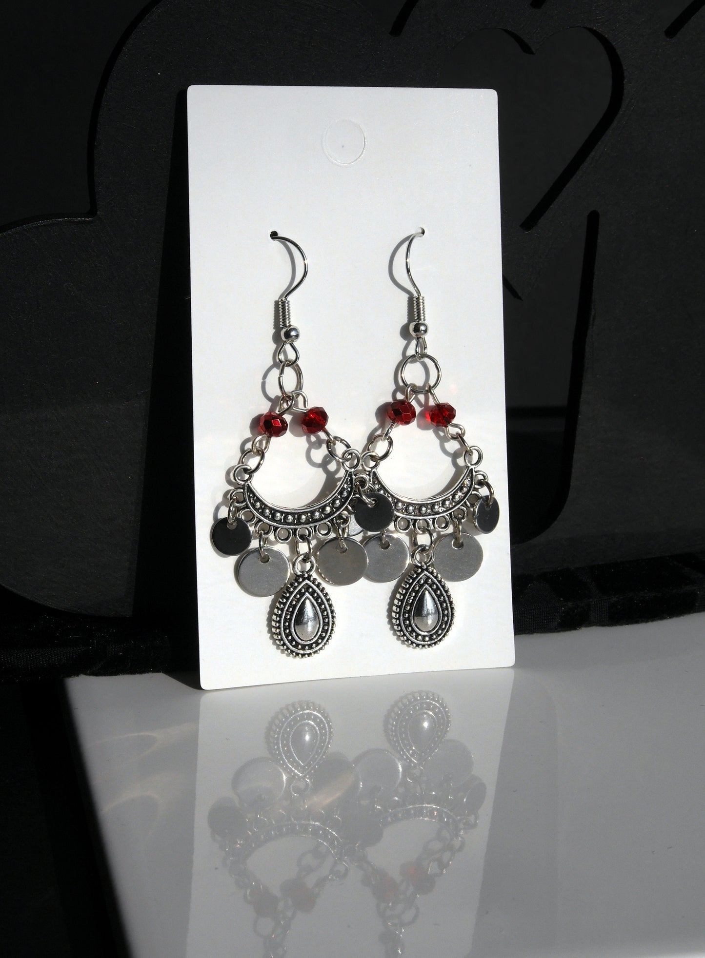 Silver and Red Tibetan Style Earrings (Ear Hook, Stud and Clip On)
