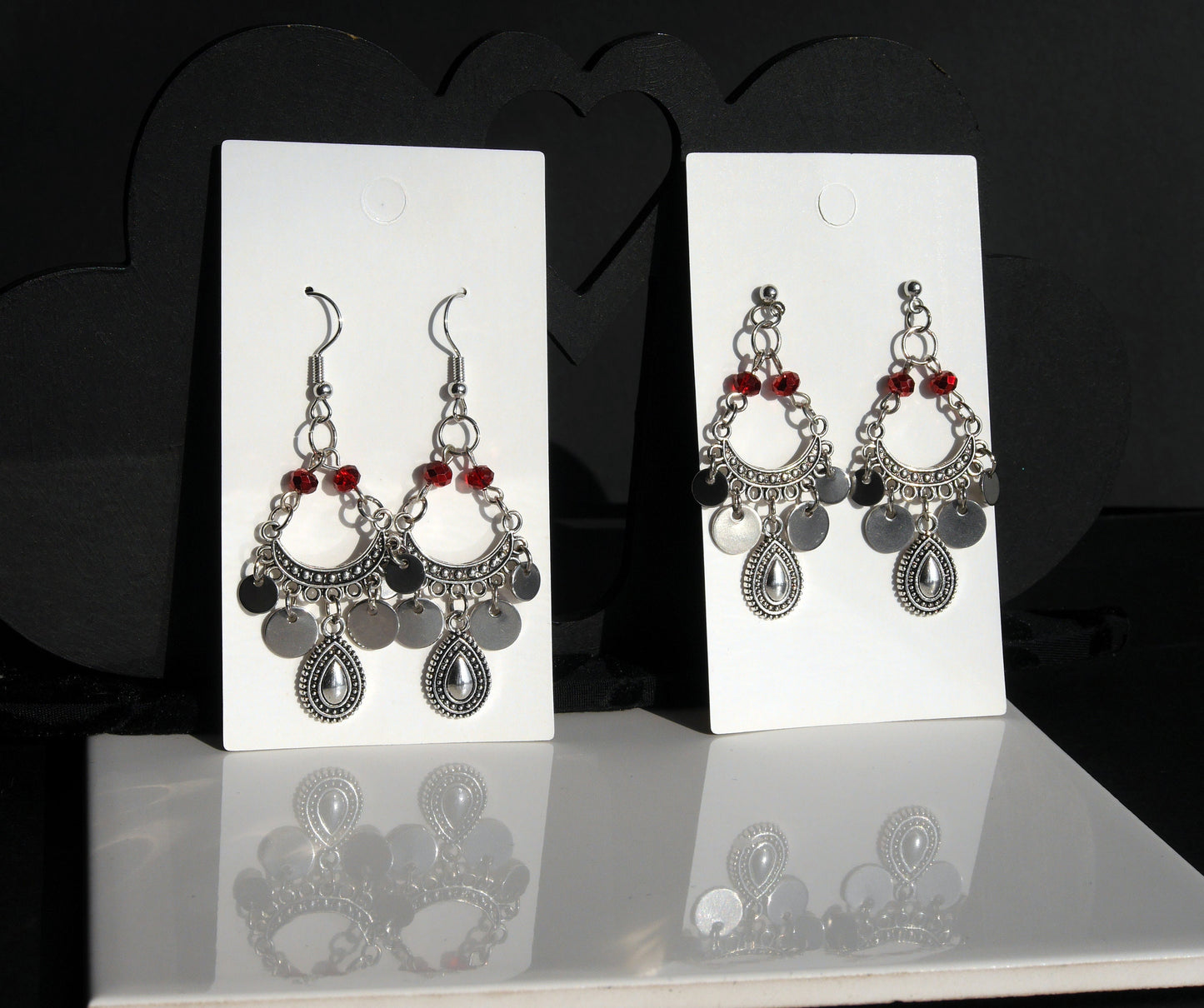 Silver and Red Tibetan Style Earrings (Ear Hook, Stud and Clip On)