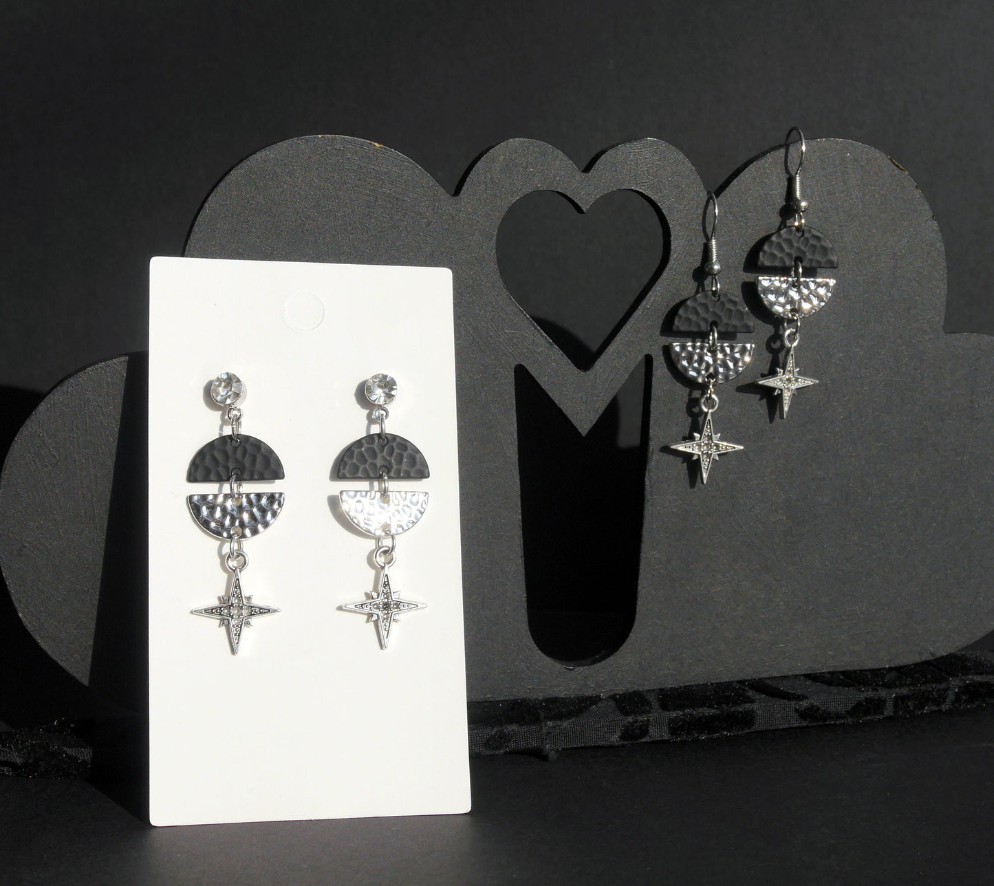 Black Silver North Star Filigree Dangle Earrings (Ear Hook, Stud or Clip On)