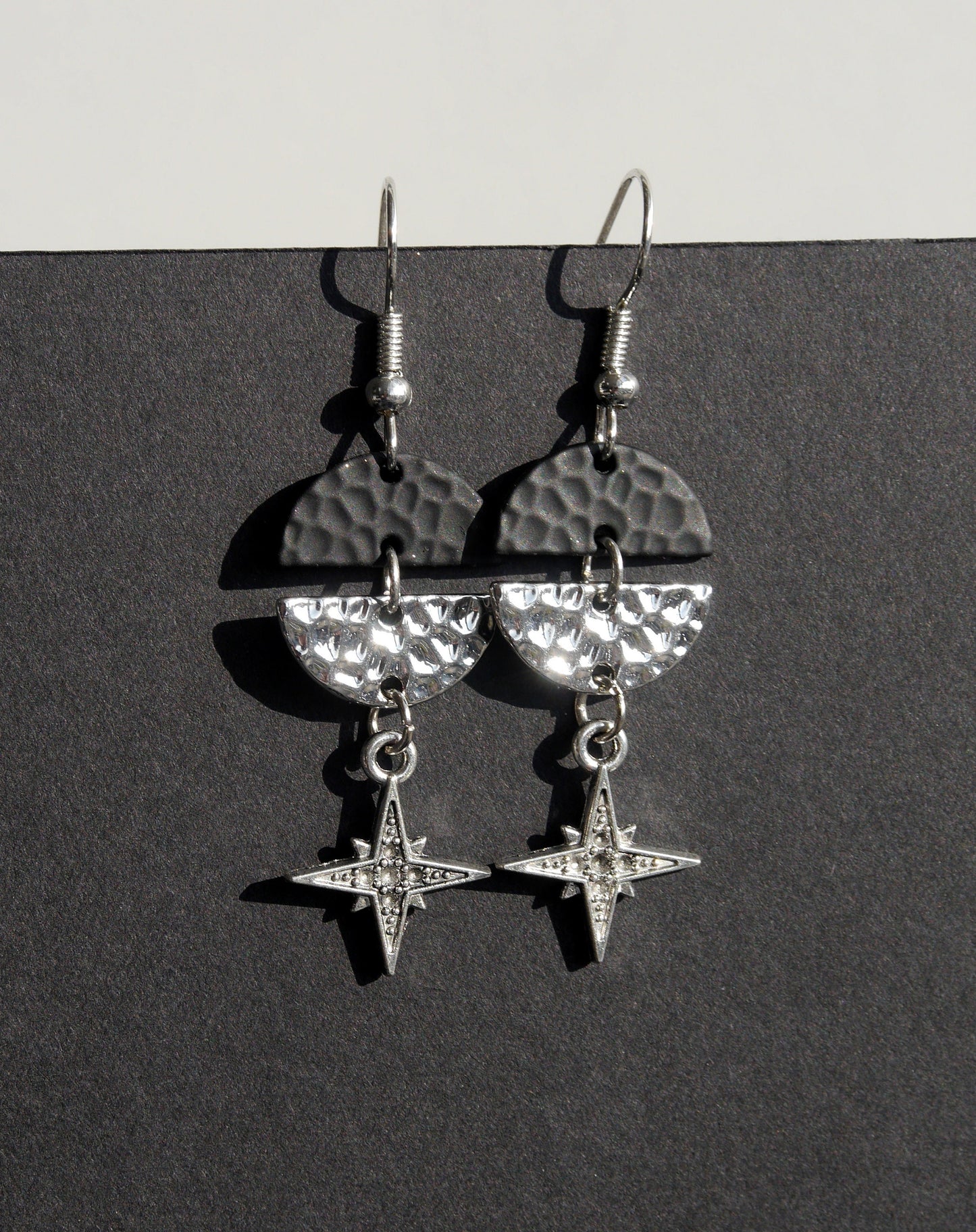 Black Silver North Star Filigree Dangle Earrings (Ear Hook, Stud or Clip On)