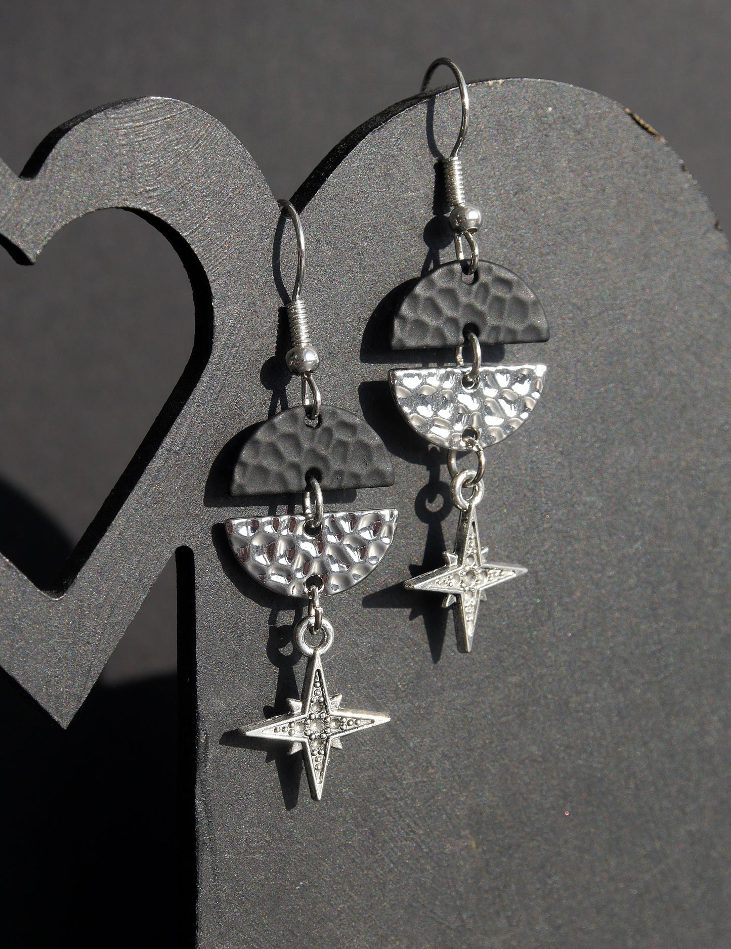 Black Silver North Star Filigree Dangle Earrings (Ear Hook, Stud or Clip On)