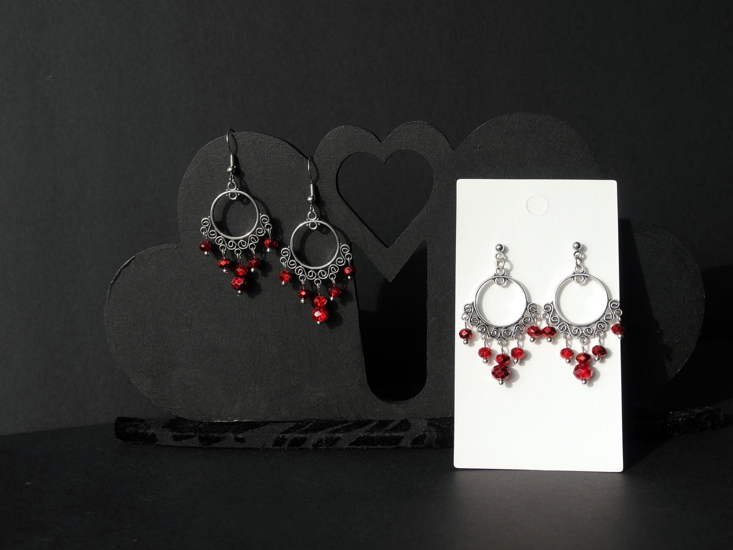 Silver and Red Filigree Earrings (Ear Hook, Stud and Clip On)